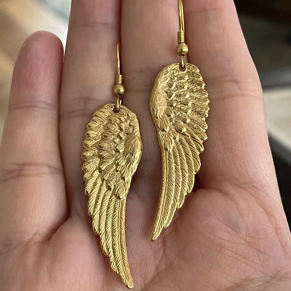Gold washed brass angel wings drop earrings - Picture 5 of 6